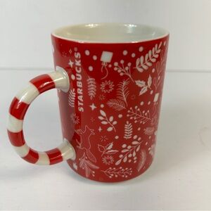 Starbucks Red White Candy Cane Reindeer Birds Leaves 12 oz Holiday Cup Mug